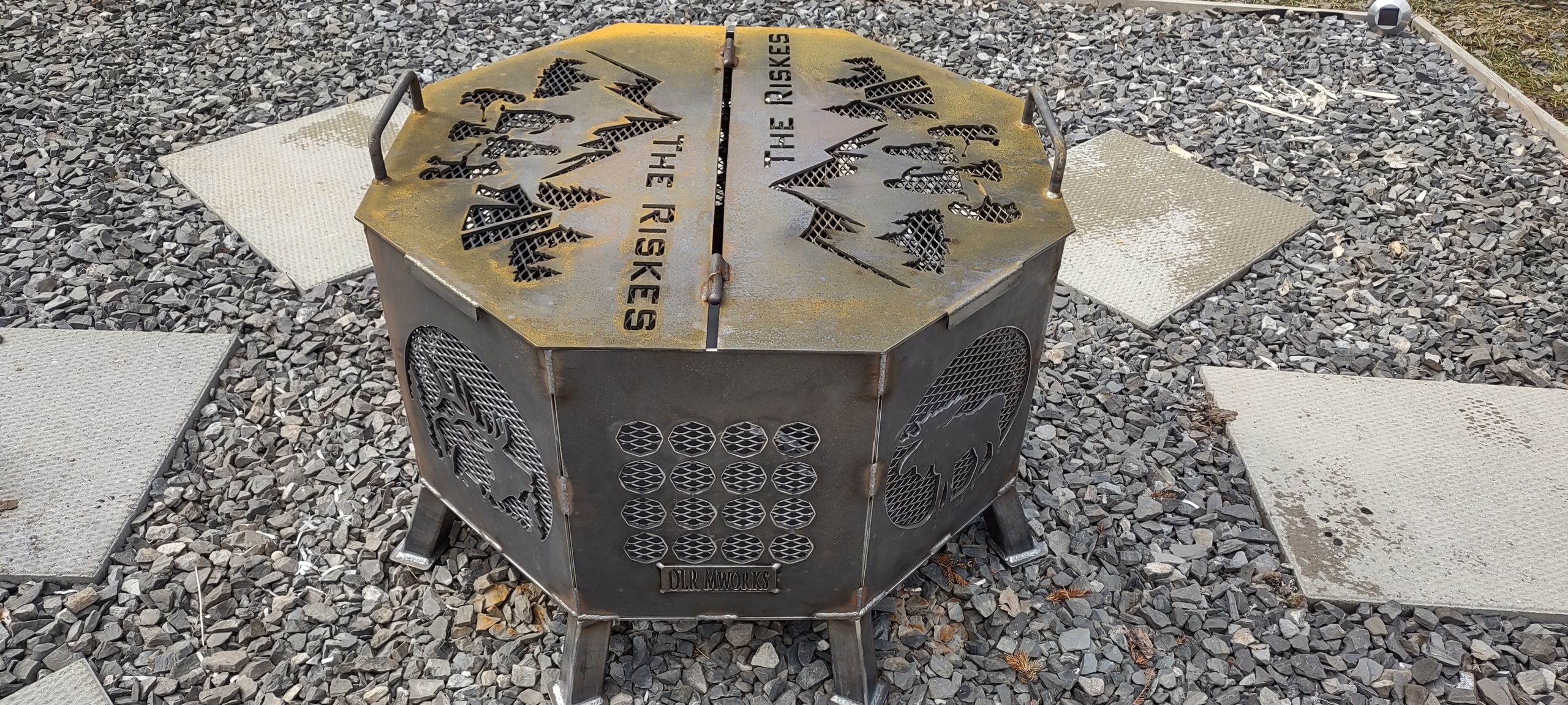 Custom welded steel octagon firepit with hinged lid